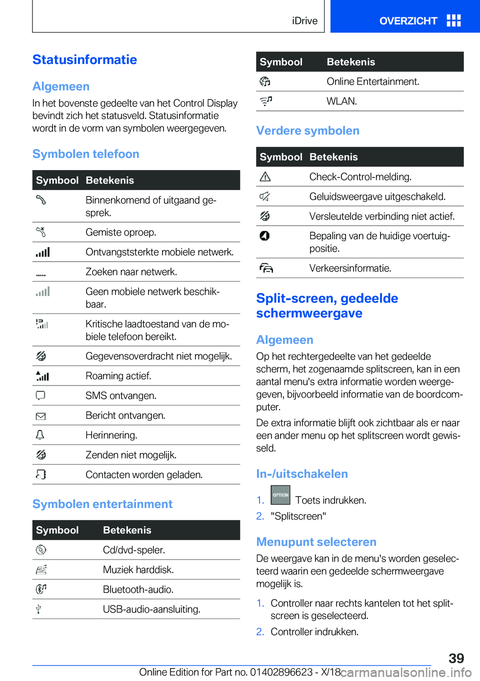 BMW M2 2019  Instructieboekjes (in Dutch) �S�t�a�t�u�s�i�n�f�o�r�m�a�t�i�e
�A�l�g�e�m�e�e�n �I�n��h�e�t��b�o�v�e�n�s�t�e��g�e�d�e�e�l�t�e��v�a�n��h�e�t��C�o�n�t�r�o�l��D�i�s�p�l�a�y�b�e�v�i�n�d�t��z�i�c�h��h�e�t��s�t�a�t�u�s�v�e�l�d