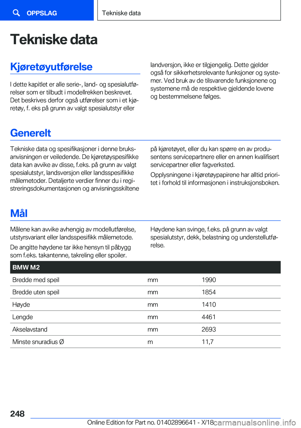 BMW M2 2019  InstruksjonsbØker (in Norwegian) �T�e�k�n�i�s�k�e��d�a�t�a�K�j�