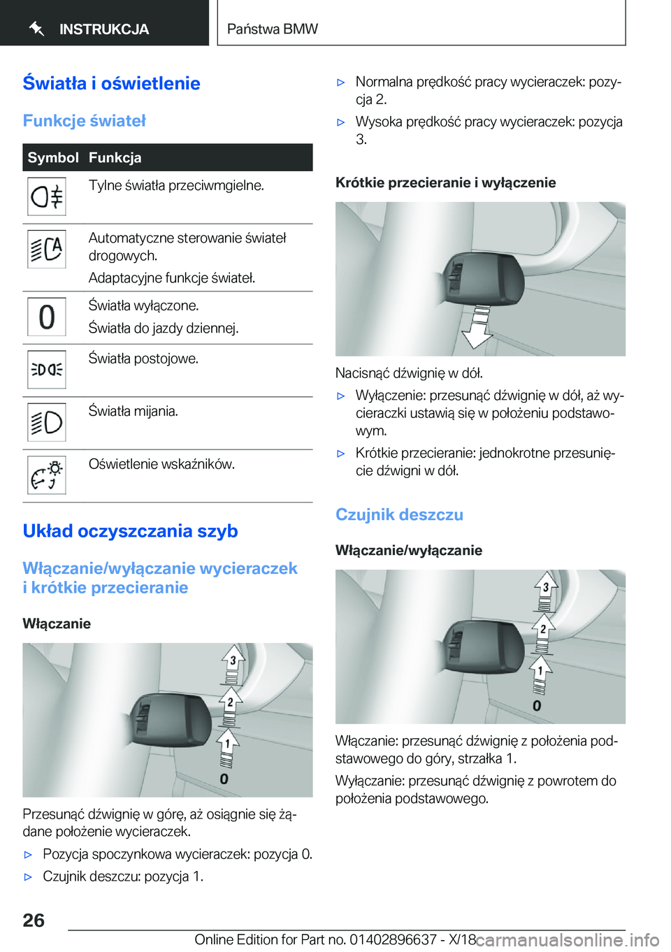 BMW M2 2019  Instrukcja obsługi (in Polish) �w�i�a�t�ł�a��i��o�w�i�e�t�l�e�n�i�e
�F�u�n�k�c�j�e��w�i�a�t�e�ł�S�y�m�b�o�l�F�u�n�k�c�j�a�T�y�l�n�e��w�i�a�t�ł�a��p�r�z�e�c�i�w�m�g�i�e�l�n�e�.�A�u�t�o�m�a�t�y�c�z�n�e��s�t�e�r�o�w�a