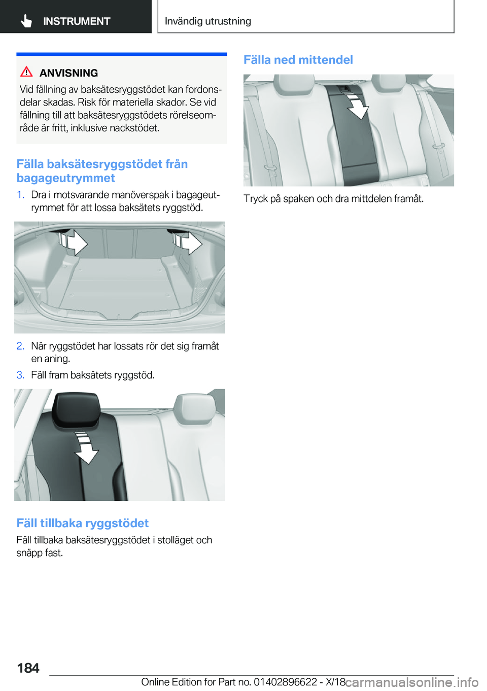 BMW M2 2019  InstruktionsbÖcker (in Swedish) �A�N�V�I�S�N�I�N�G
�V�i�d��f�ä�l�l�n�i�n�g��a�v��b�a�k�s�ä�t�e�s�r�y�g�g�s�t�