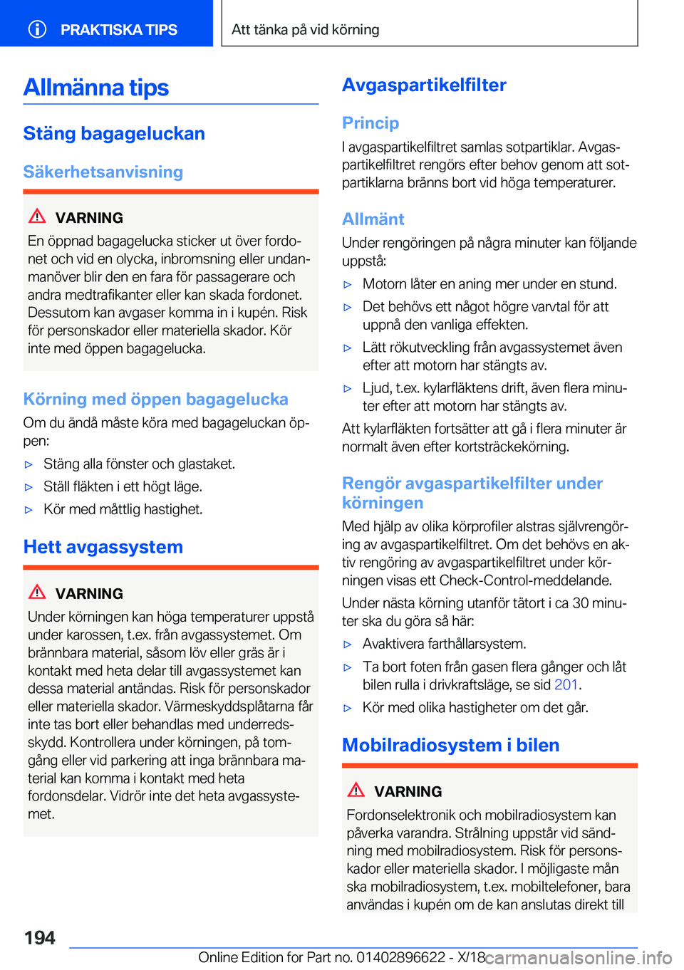 BMW M2 2019  InstruktionsbÖcker (in Swedish) �A�l�l�m�ä�n�n�a��t�i�p�s
�S�t�ä�n�g��b�a�g�a�g�e�l�u�c�k�a�n�S�ä�k�e�r�h�e�t�s�a�n�v�i�s�n�i�n�g
�V�A�R�N�I�N�G
�E�n��