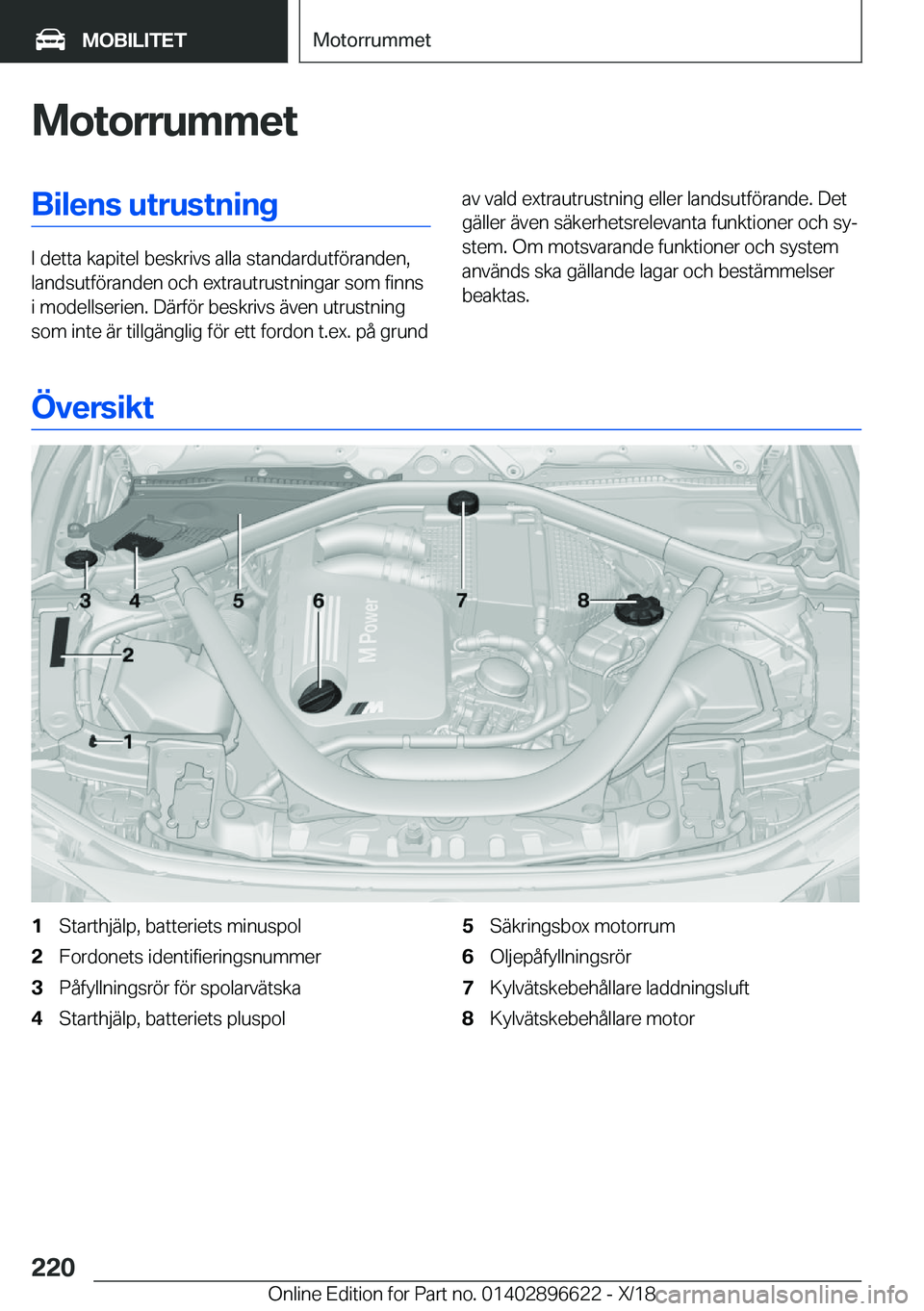 BMW M2 2019  InstruktionsbÖcker (in Swedish) �M�o�t�o�r�r�u�m�m�e�t�B�i�l�e�n�s��u�t�r�u�s�t�n�i�n�g
�I��d�e�t�t�a��k�a�p�i�t�e�l��b�e�s�k�r�i�v�s��a�l�l�a��s�t�a�n�d�a�r�d�u�t�f�