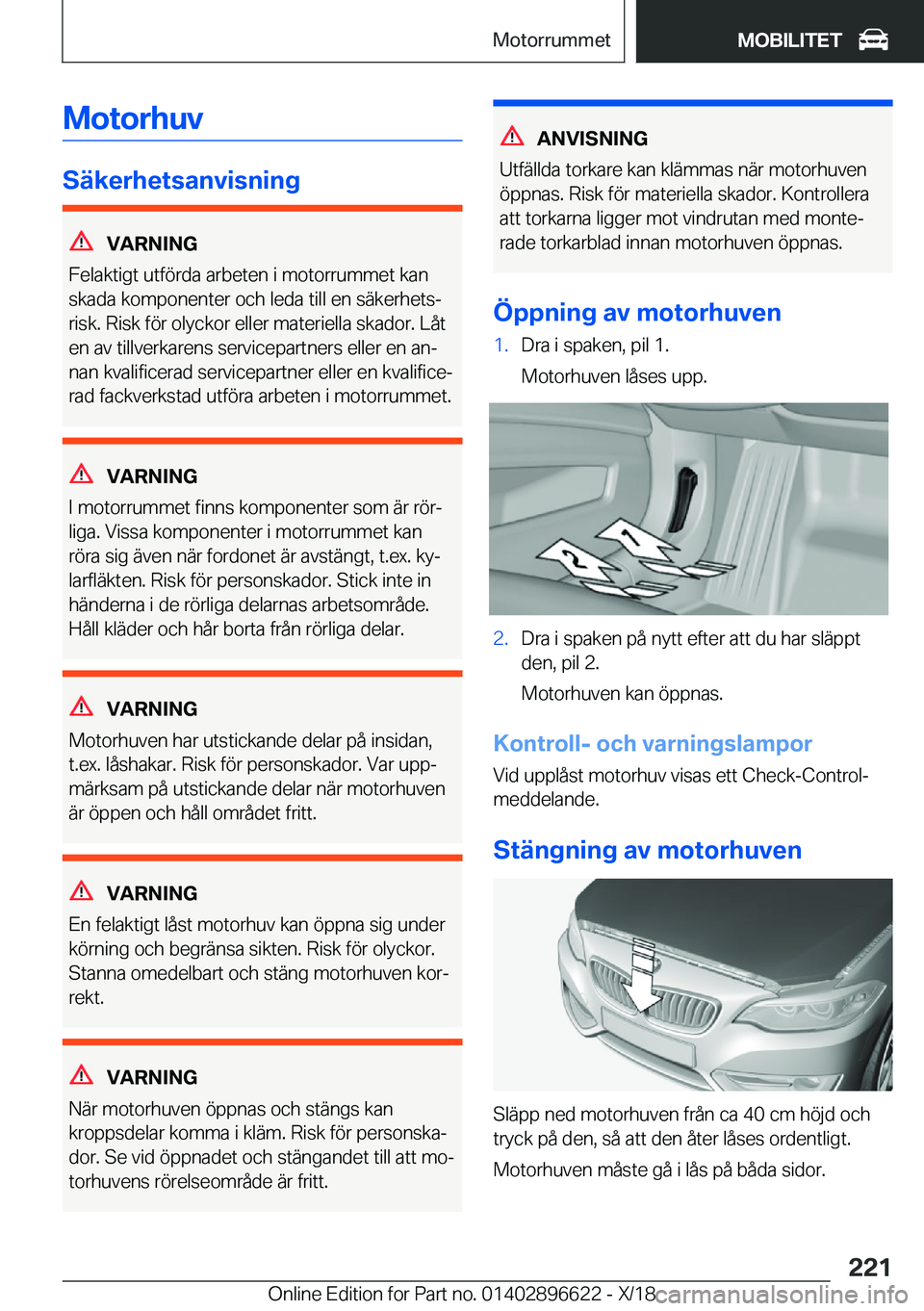 BMW M2 2019  InstruktionsbÖcker (in Swedish) �M�o�t�o�r�h�u�v
�S�ä�k�e�r�h�e�t�s�a�n�v�i�s�n�i�n�g
�V�A�R�N�I�N�G
�F�e�l�a�k�t�i�g�t��u�t�f�