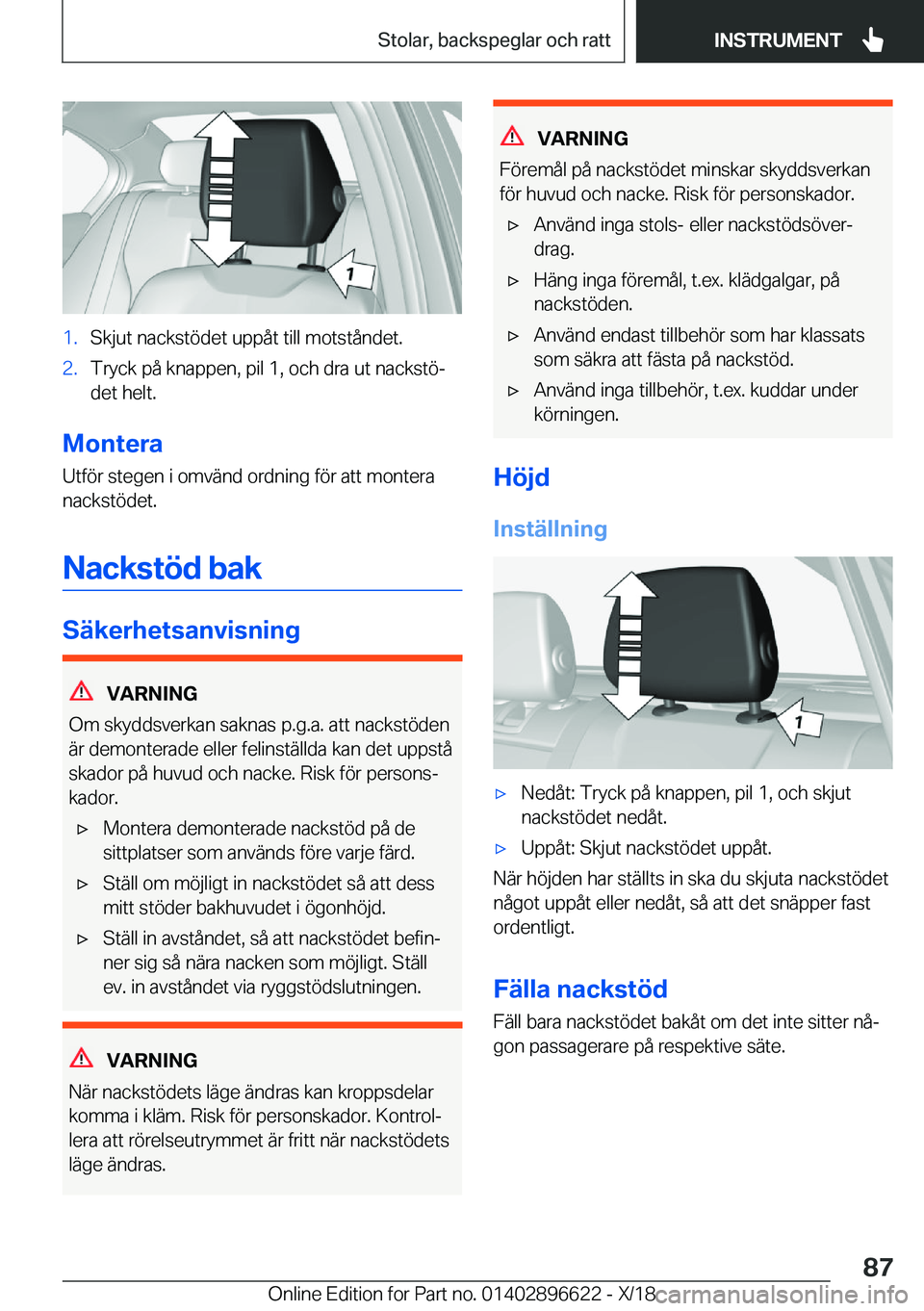 BMW M2 2019  InstruktionsbÖcker (in Swedish) �1�.�S�k�j�u�t��n�a�c�k�s�t�