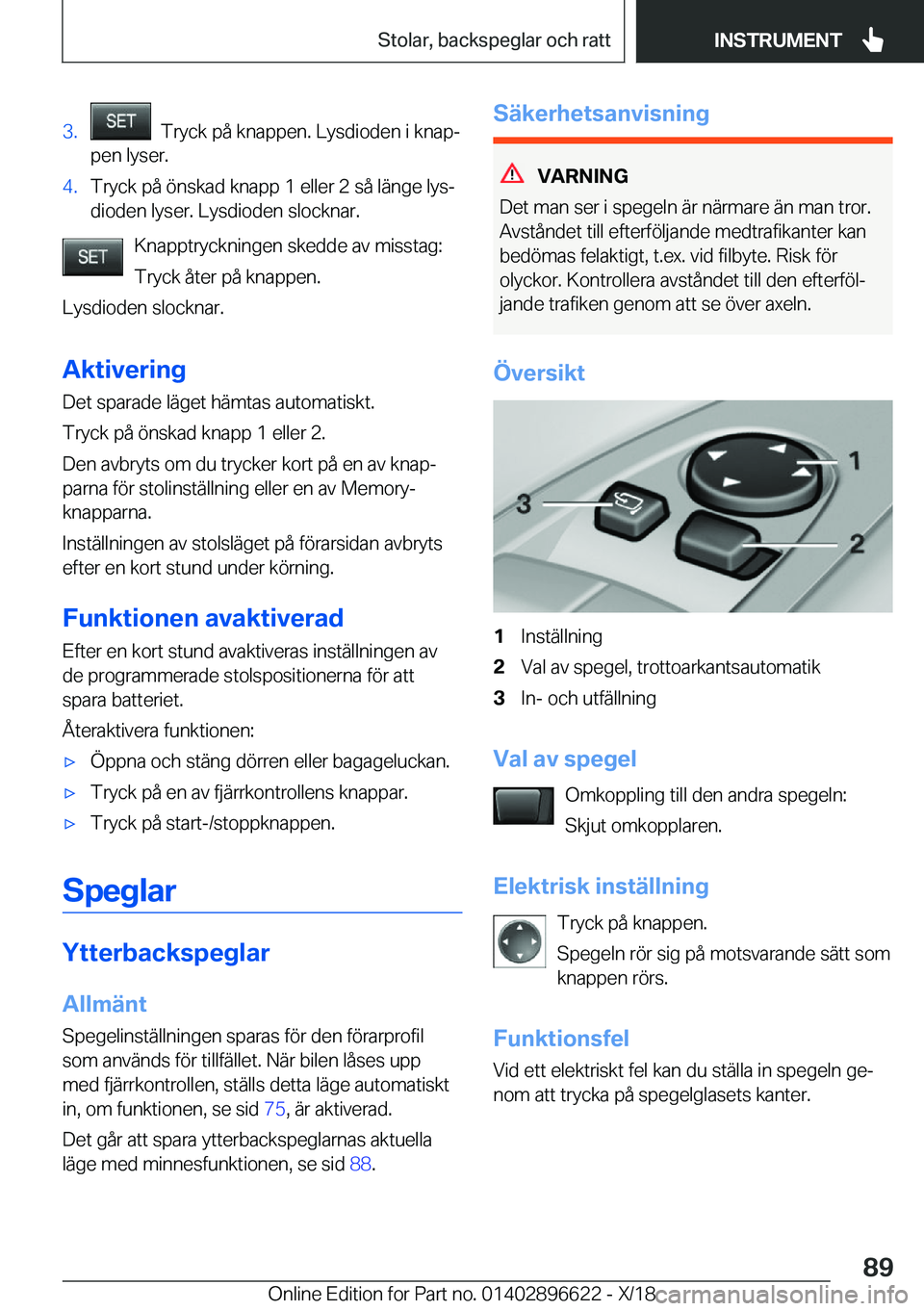 BMW M2 2019  InstruktionsbÖcker (in Swedish) �3�.���T�r�y�c�k��p�å��k�n�a�p�p�e�n�.��L�y�s�d�i�o�d�e�n��i��k�n�a�pj
�p�e�n��l�y�s�e�r�.�4�.�T�r�y�c�k��p�å��