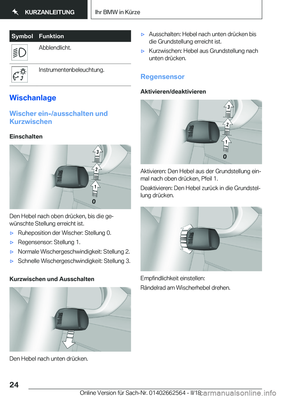 BMW M2 2018  Betriebsanleitungen (in German) �S�y�m�b�o�l�F�u�n�k�t�i�o�n�A�b�b�l�e�n�d�l�i�c�h�t�.�I�n�s�t�r�u�m�e�n�t�e�n�b�e�l�e�u�c�h�t�u�n�g�.
�W�i�s�c�h�a�n�l�a�g�e
�W�i�s�c�h�e�r��e�i�n�-�/�a�u�s�s�c�h�a�l�t�e�n��u�n�d
�K�u�r�z�w�i�s�c�