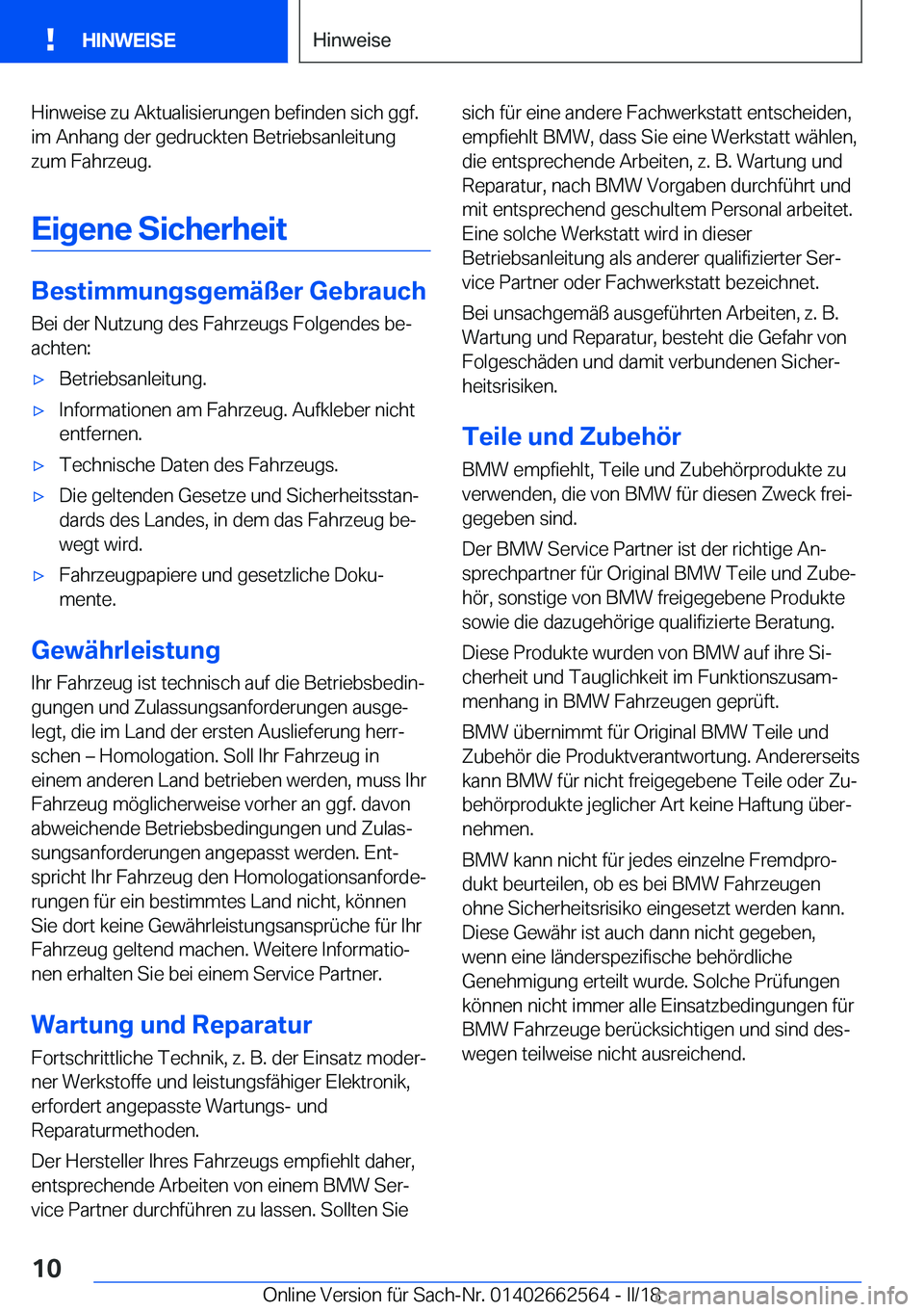 BMW M2 2018  Betriebsanleitungen (in German) �H�i�n�w�e�i�s�e� �z�u� �A�k�t�u�a�l�i�s�i�e�r�u�n�g�e�n� �b�e�f�i�n�d�e�n� �s�i�c�h� �g�g�f�.�i�m� �A�n�h�a�n�g� �d�e�r� �g�e�d�r�u�c�k�t�e�n� �B�e�t�r�i�e�b�s�a�n�l�e�i�t�u�n�g�z�u�m� �F�a�h�r�z�e�u