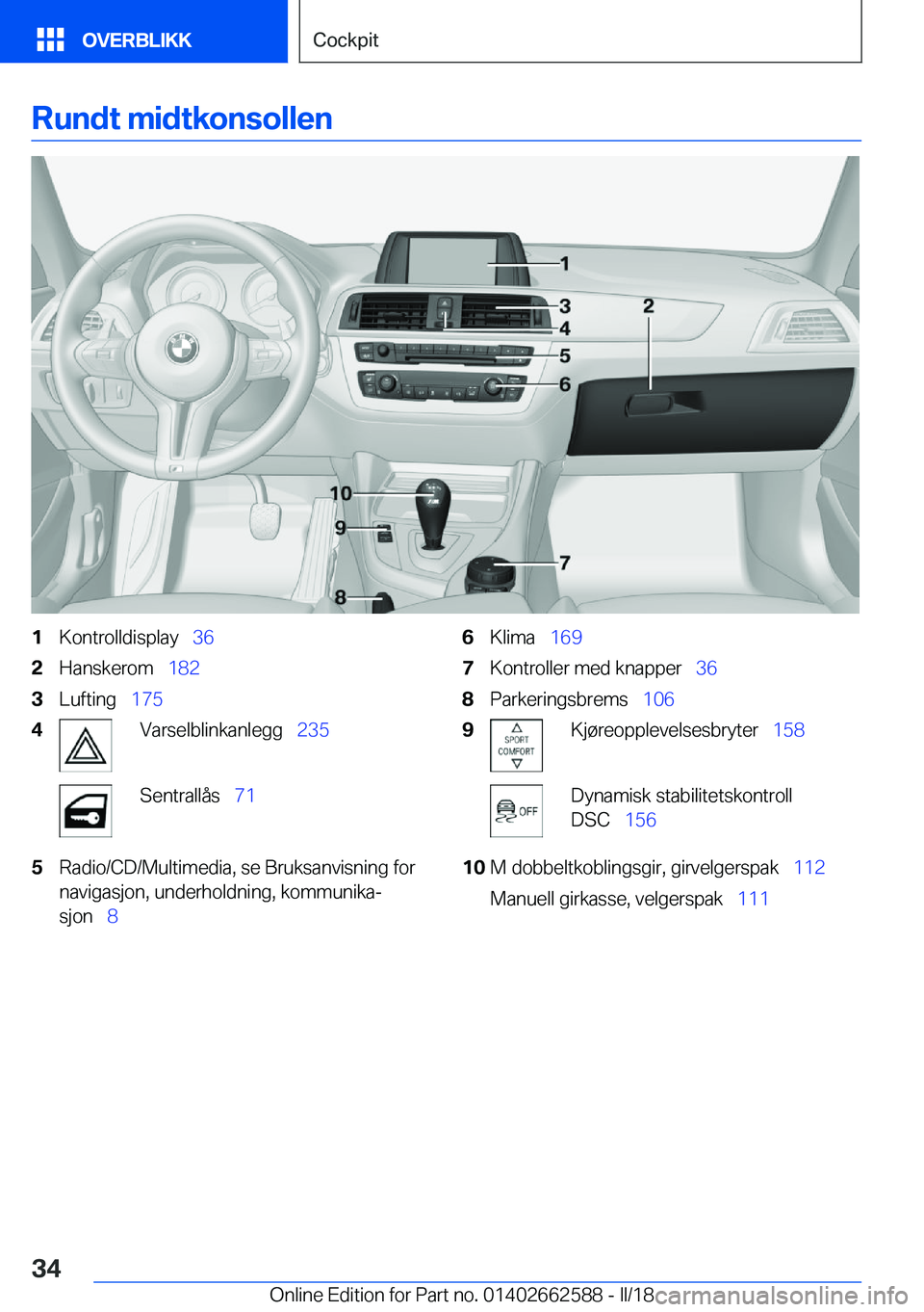 BMW M2 2018  InstruksjonsbØker (in Norwegian) �R�u�n�d�t��m�i�d�t�k�o�n�s�o�l�l�e�n�1�K�o�n�t�r�o�l�l�d�i�s�p�l�a�y\_�3�6�2�H�a�n�s�k�e�r�o�m\_�1�8�2�3�L�u�f�t�i�n�g\_�1�7�5�4�V�a�r�s�e�l�b�l�i�n�k�a�n�l�e�g�g\_ �2�3�5�S�e�n�t�r�a�l�l�å