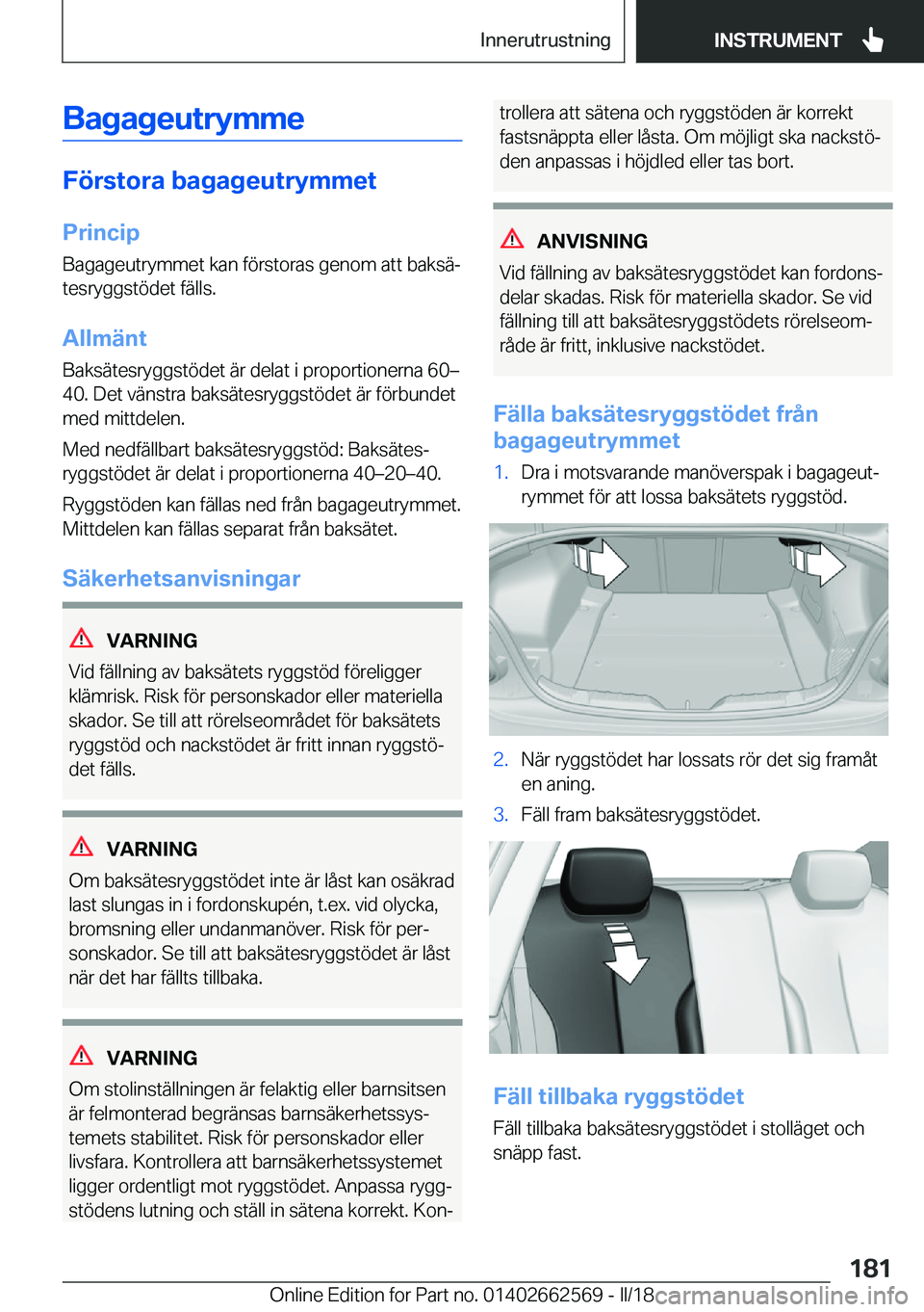 BMW M2 2018  InstruktionsbÖcker (in Swedish) �B�a�g�a�g�e�u�t�r�y�m�m�e
�F�