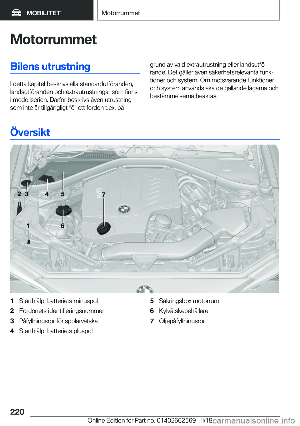 BMW M2 2018  InstruktionsbÖcker (in Swedish) �M�o�t�o�r�r�u�m�m�e�t�B�i�l�e�n�s��u�t�r�u�s�t�n�i�n�g
�I� �d�e�t�t�a� �k�a�p�i�t�e�l� �b�e�s�k�r�i�v�s� �a�l�l�a� �s�t�a�n�d�a�r�d�u�t�f�