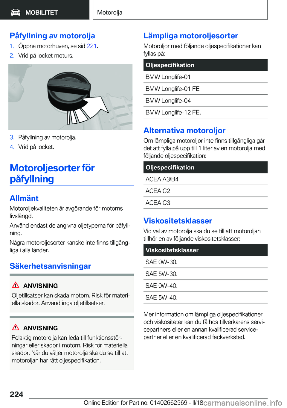 BMW M2 2018  InstruktionsbÖcker (in Swedish) �P�å�f�y�l�l�n�i�n�g��a�v��m�o�t�o�r�o�l�j�a�1�.�