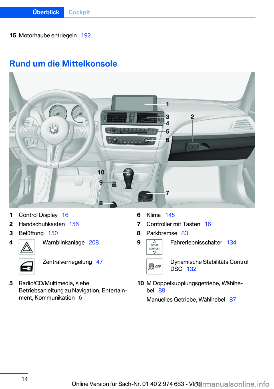 BMW M2 2017  Betriebsanleitungen (in German) �1�5�M�o�t�o�r�h�a�u�b�e� �e�n�t�r�i�e�g�e�l�n\_�1�9�2
�R�u�n�d��u�m��d�i�e��M�i�t�t�e�l�k�o�n�s�o�l�e
�1�C�o�n�t�r�o�l� �D�i�s�p�l�a�y\_�1�6�2�H�a�n�d�s�c�h�u�h�k�a�s�t�e�n\_ �1�5�6�3�B�e�l�