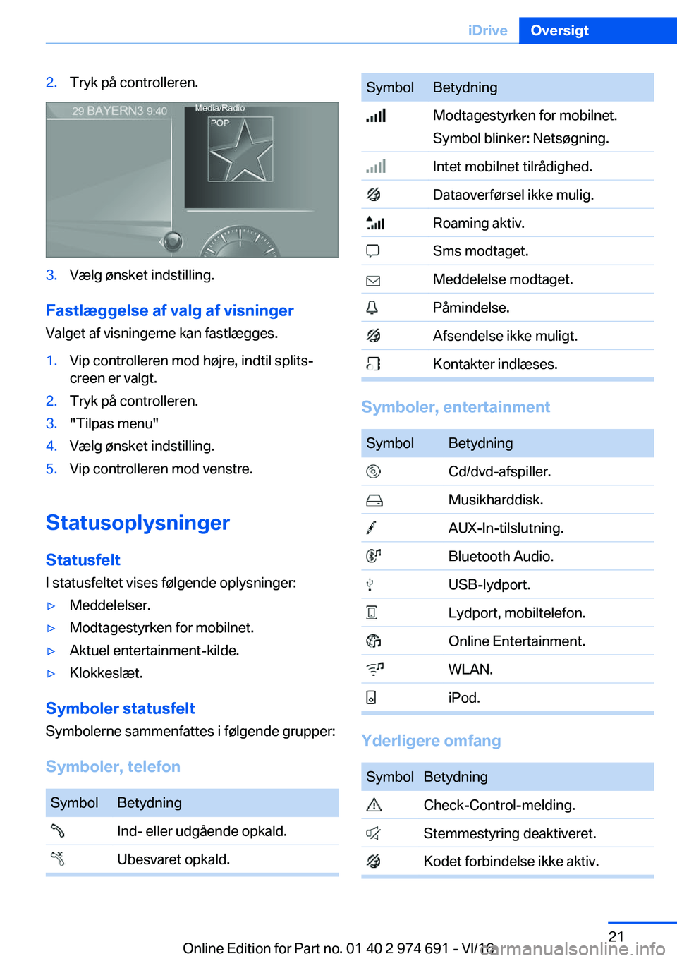 BMW M2 2017  InstruktionsbØger (in Danish) �2�.�T�r�y�k� �p�å� �c�o�n�t�r�o�l�l�e�r�e�n�.�3�.�V�æ�l�g� �