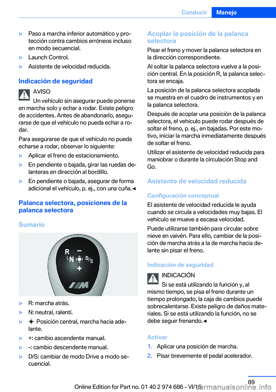 BMW M2 2017  Manuales de Empleo (in Spanish) y�P�a�s�o� �a� �m�a�r�c�h�a� �i�n�f�e�r�i�o�r� �a�u�t�o�m�