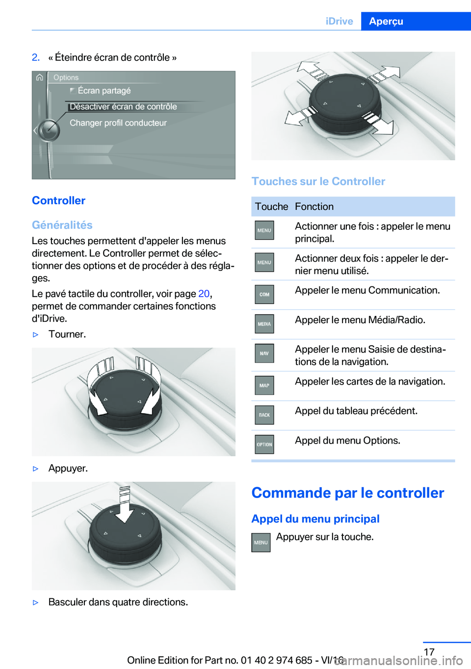 BMW M2 2017  Notices Demploi (in French) �2�.�k� �É�t�e�i�n�d�r�e� �é�c�r�a�n� �d�e� �c�o�n�t�r�