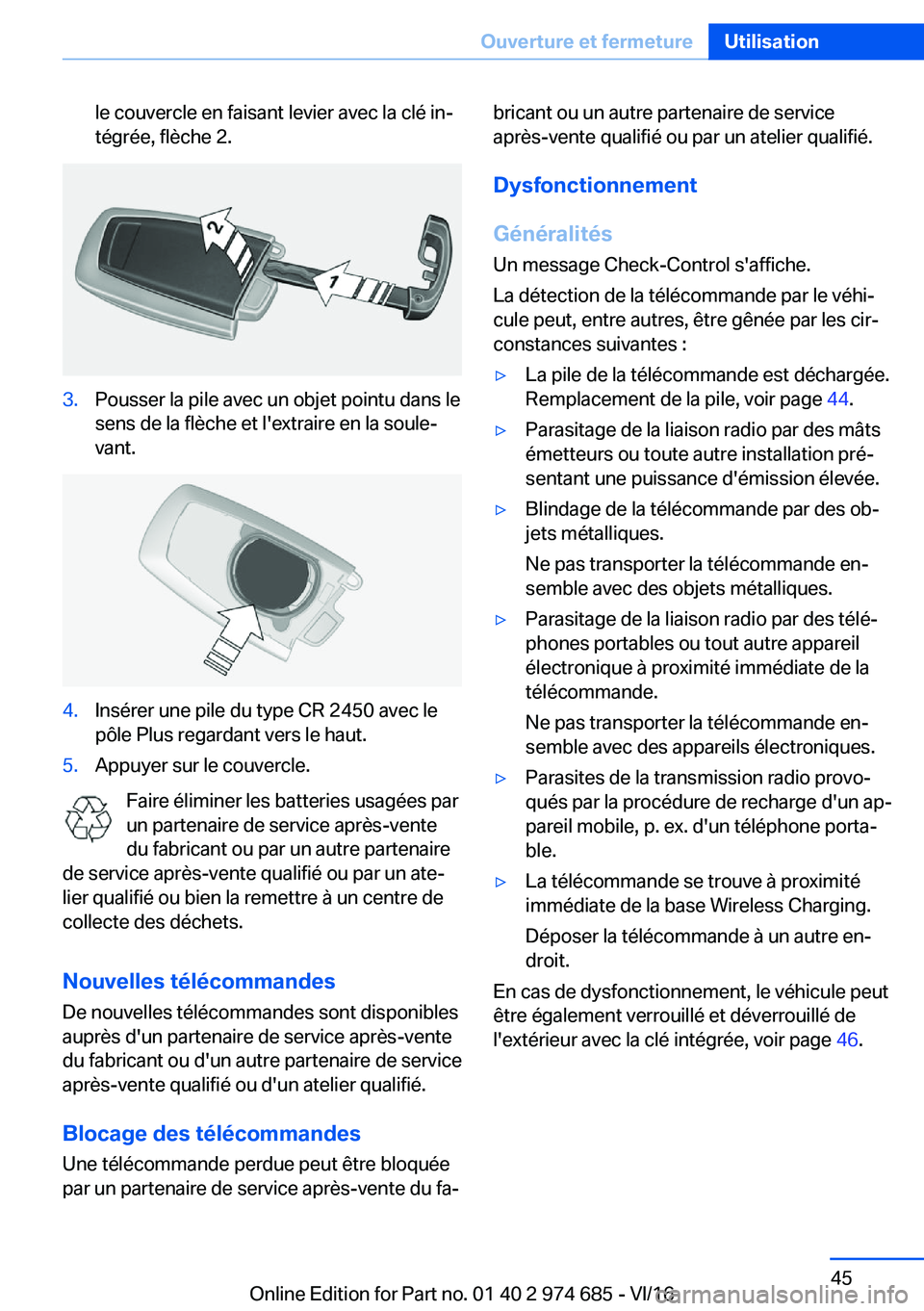 BMW M2 2017  Notices Demploi (in French) �l�e� �c�o�u�v�e�r�c�l�e� �e�n� �f�a�i�s�a�n�t� �l�e�v�i�e�r� �a�v�e�c� �l�a� �c�l�é� �i�nj�t�é�g�r�é�e�,� �f�l�è�c�h�e� �2�.�3�.�P�o�u�s�s�e�r� �l�a� �p�i�l�e� �a�v�e�c� �u�n� �o�b�j�e�t� �p�o�i