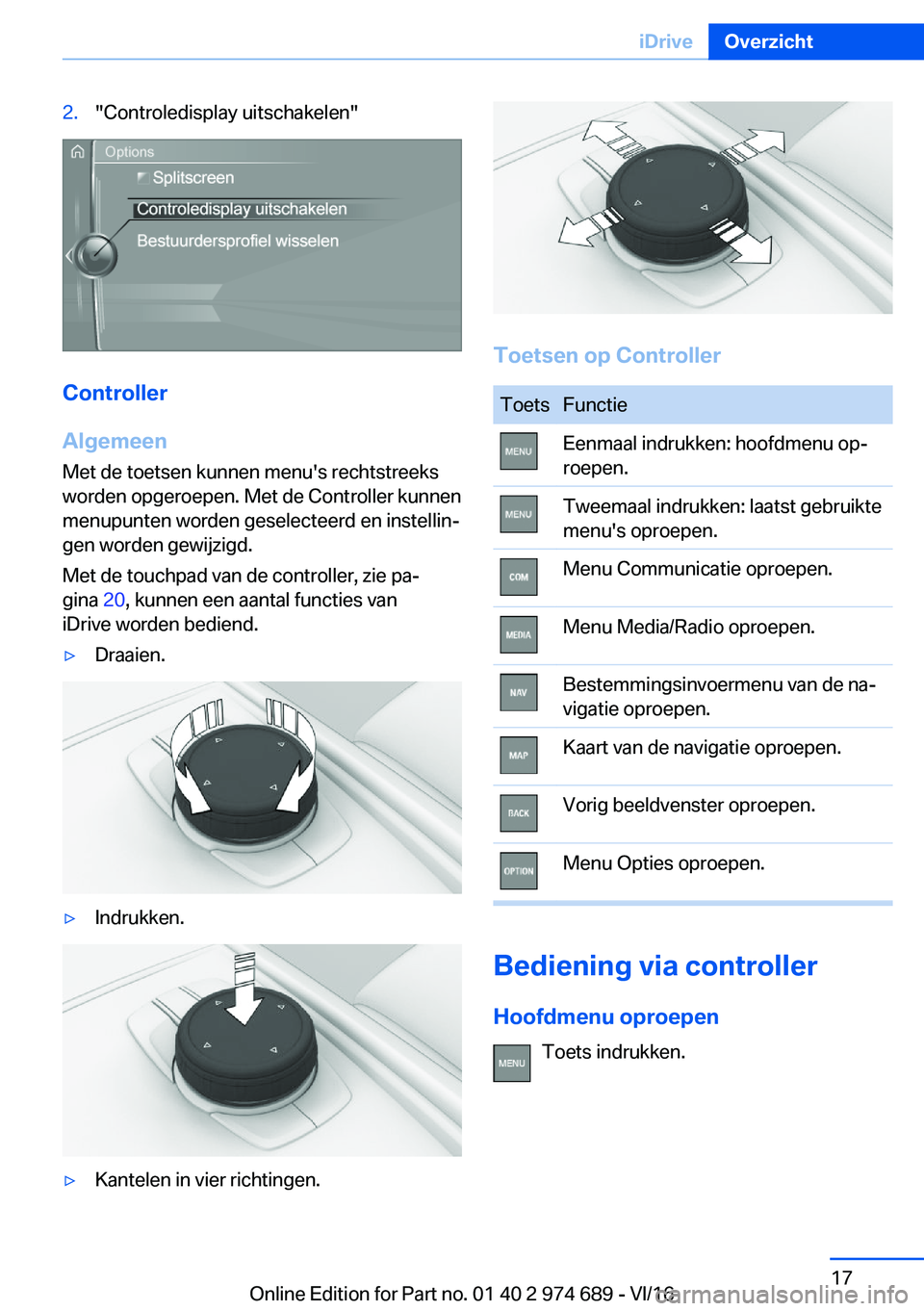 BMW M2 2017  Instructieboekjes (in Dutch) �2�.�"�C�o�n�t�r�o�l�e�d�i�s�p�l�a�y� �u�i�t�s�c�h�a�k�e�l�e�n�"
�C�o�n�t�r�o�l�l�e�r
�A�l�g�e�m�e�e�n
�M�e�t� �d�e� �t�o�e�t�s�e�n� �k�u�n�n�e�n� �m�e�n�u�'�s� �r�e�c�h�t�s�t�r�e�e�k�s �w