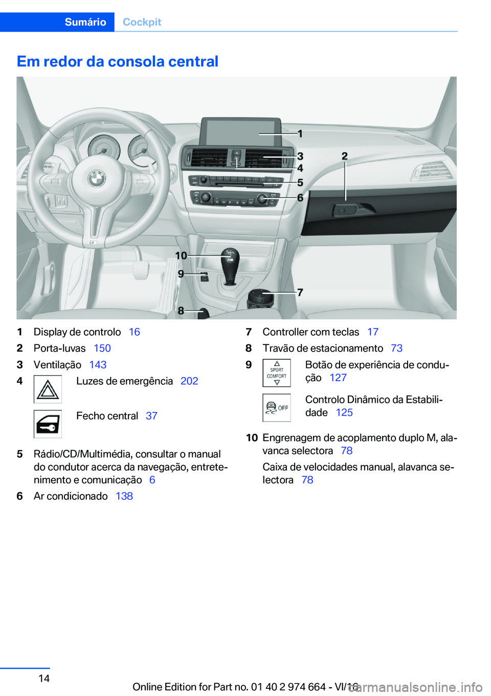 BMW M2 2017  Manual do condutor (in Portuguese) �E�m��r�e�d�o�r��d�a��c�o�n�s�o�l�a��c�e�n�t�r�a�l�1�D�i�s�p�l�a�y� �d�e� �c�o�n�t�r�o�l�o\_�1�6�2�P�o�r�t�a�-�l�u�v�a�s\_�1�5�0�3�V�e�n�t�i�l�a�