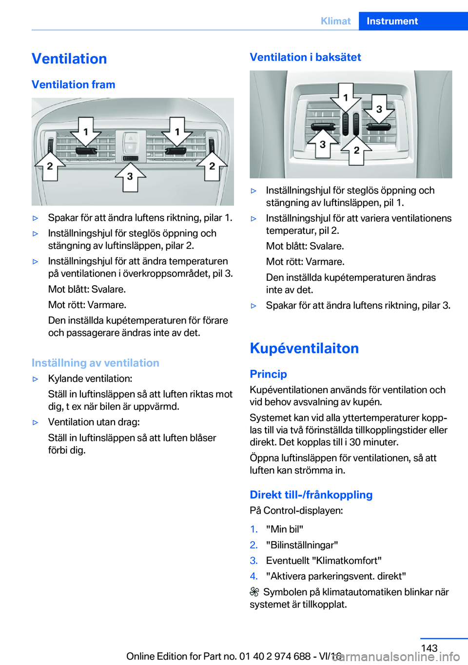 BMW M2 2017  InstruktionsbÖcker (in Swedish) �V�e�n�t�i�l�a�t�i�o�n�V�e�n�t�i�l�a�t�i�o�n��f�r�a�m'y�S�p�a�k�a�r� �f�