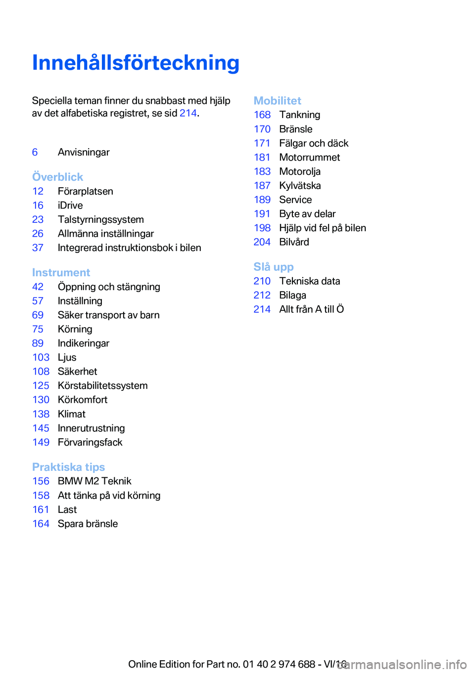 BMW M2 2017  InstruktionsbÖcker (in Swedish) �I�n�n�e�h�å�l�l�s�f�