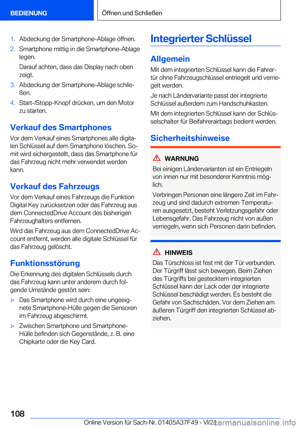 BMW M3 2022  Betriebsanleitungen (in German) �1�.�A�b�d�e�c�k�u�n�g��d�e�r��S�m�a�r�t�p�h�o�n�e�-�A�b�l�a�g�e��