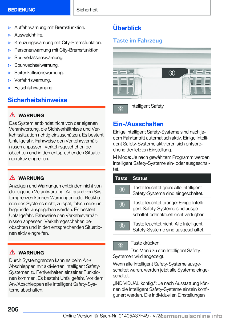 BMW M3 2022  Betriebsanleitungen (in German) 'x�A�u�f�f�a�h�r�w�a�r�n�u�n�g��m�i�t��B�r�e�m�s�f�u�n�k�t�i�o�n�.'x�A�u�s�w�e�i�c�h�h�i�l�f�e�.'x�K�r�e�u�z�u�n�g�s�w�a�r�n�u�n�g��m�i�t��C�i�t�y�-�B�r�e�m�s�f�u�n�k�t�i�o�n�.'x�P