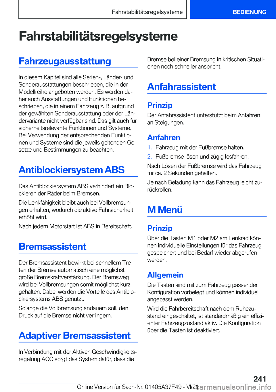 BMW M3 2022  Betriebsanleitungen (in German) �F�a�h�r�s�t�a�b�i�l�i�t�