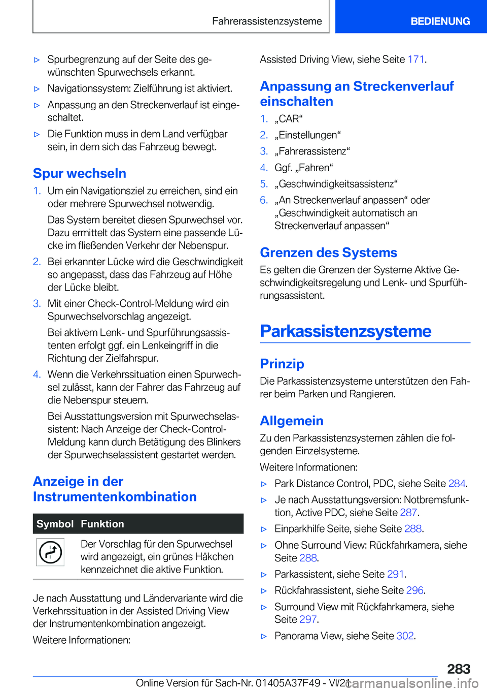 BMW M3 2022  Betriebsanleitungen (in German) 'x�S�p�u�r�b�e�g�r�e�n�z�u�n�g��a�u�f��d�e�r��S�e�i�t�e��d�e�s��g�ej
�w�
