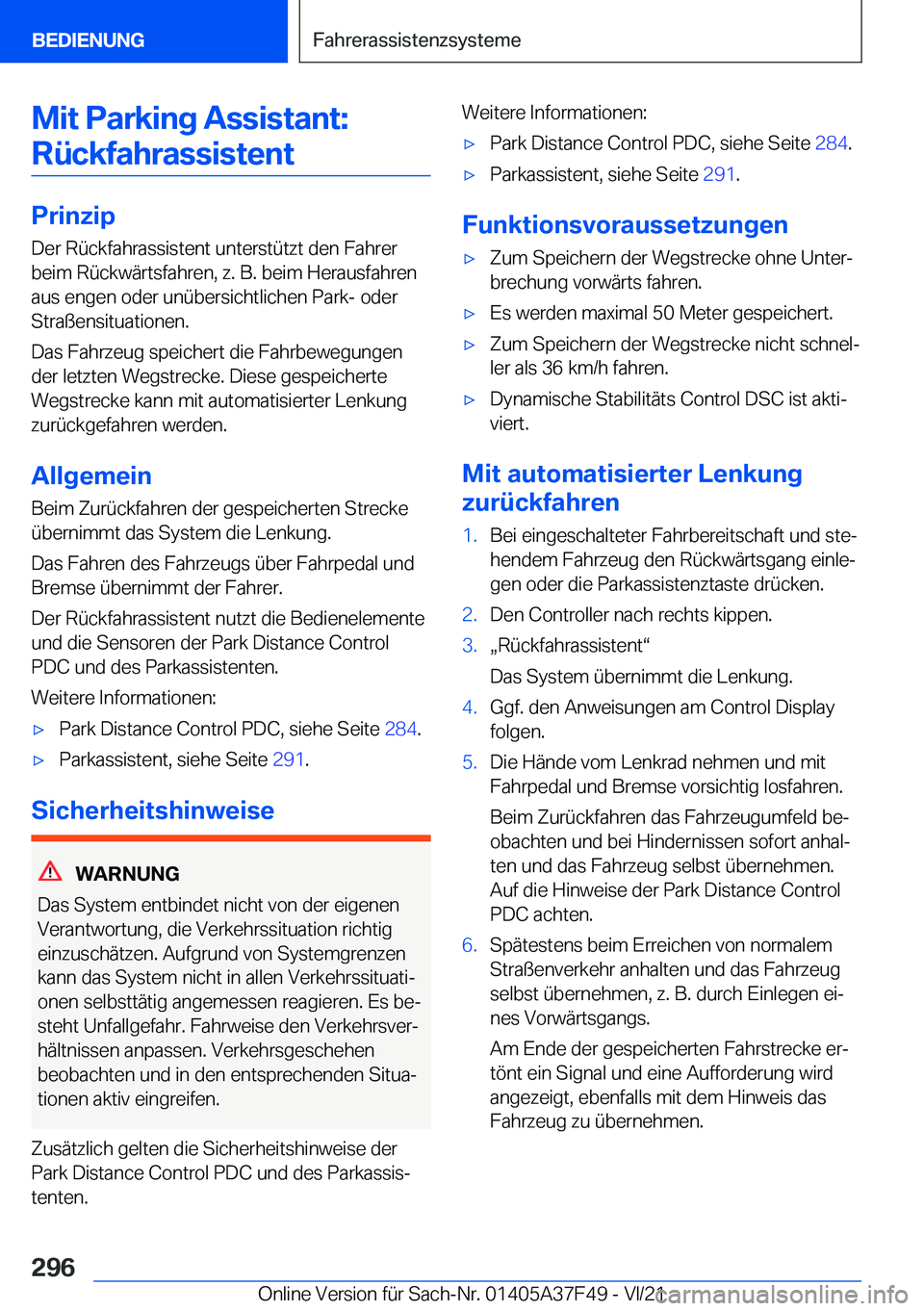 BMW M3 2022  Betriebsanleitungen (in German) �M�i�t��P�a�r�k�i�n�g��A�s�s�i�s�t�a�n�t�:�R�