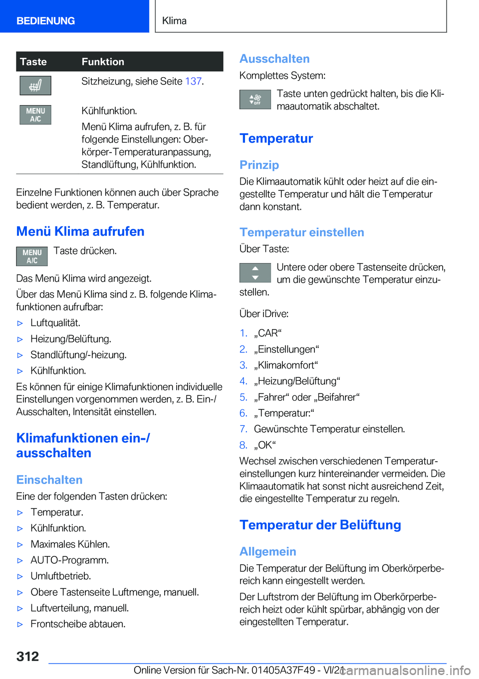 BMW M3 2022  Betriebsanleitungen (in German) �T�a�s�t�e�F�u�n�k�t�i�o�n�S�i�t�z�h�e�i�z�u�n�g�,��s�i�e�h�e��S�e�i�t�e��1�3�7�.�K�
