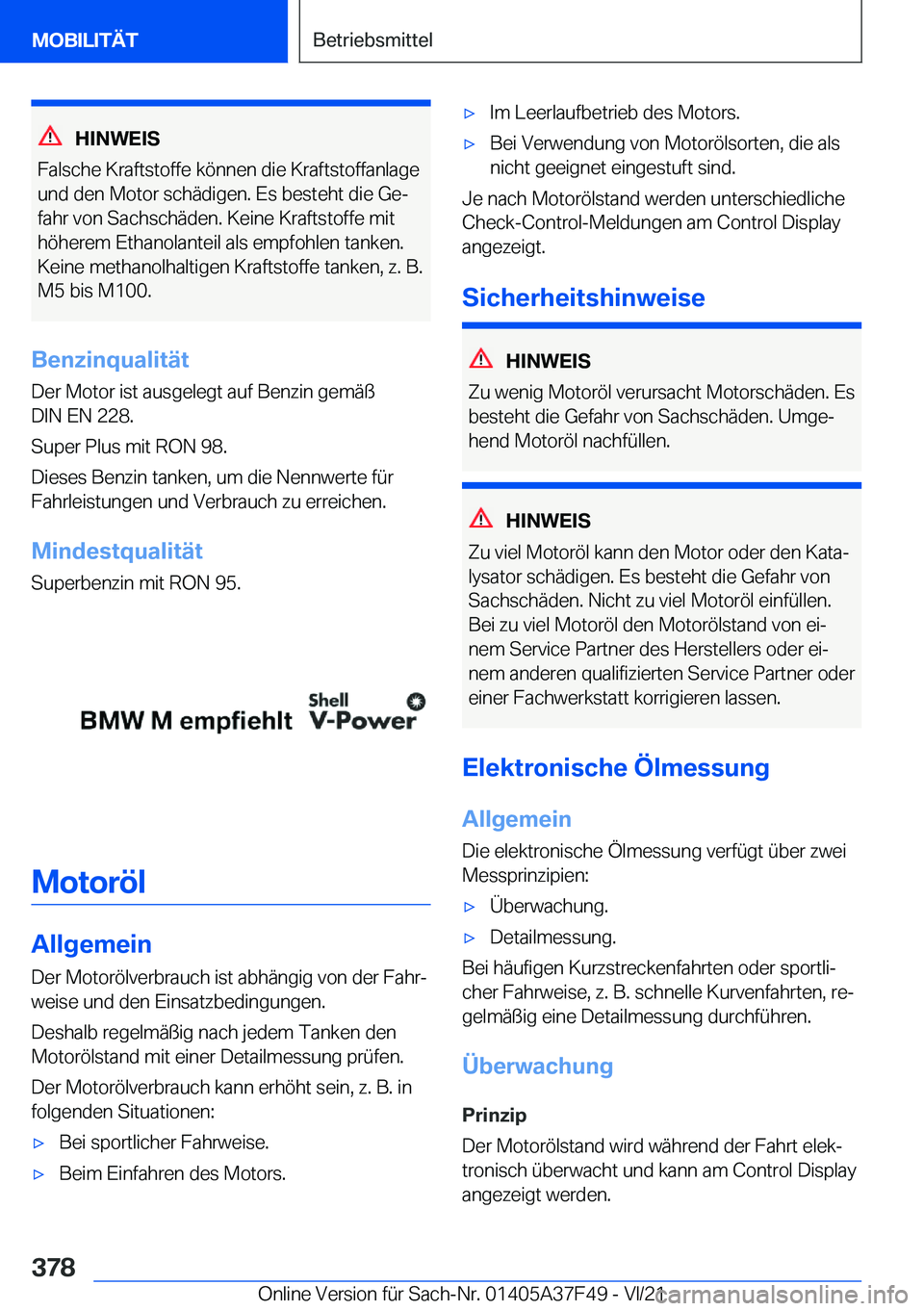 BMW M3 2022  Betriebsanleitungen (in German) �H�I�N�W�E�I�S
�F�a�l�s�c�h�e��K�r�a�f�t�s�t�o�f�f�e��k�