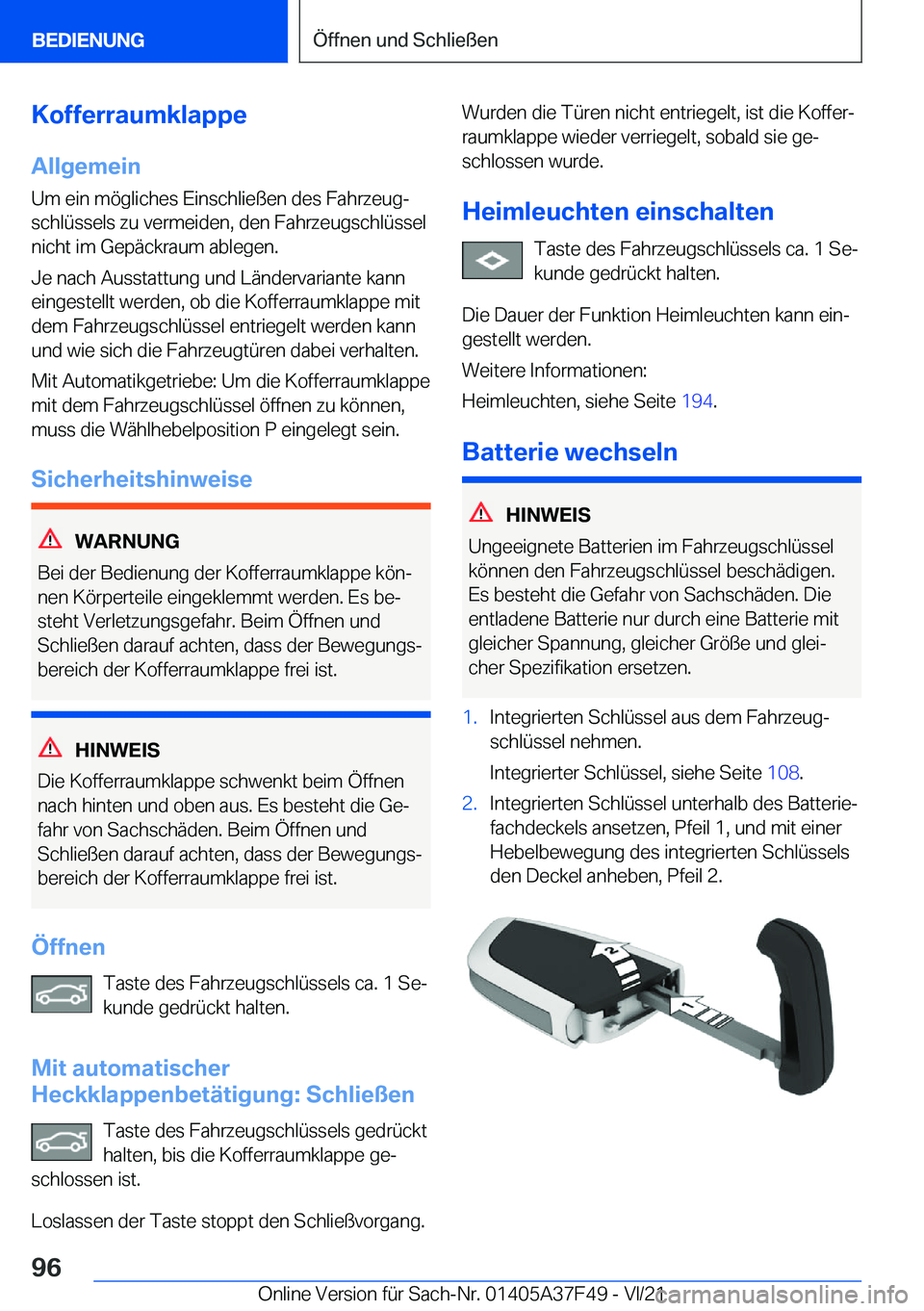 BMW M3 2022  Betriebsanleitungen (in German) �K�o�f�f�e�r�r�a�u�m�k�l�a�p�p�e�A�l�l�g�e�m�e�i�n�U�m��e�i�n��m�