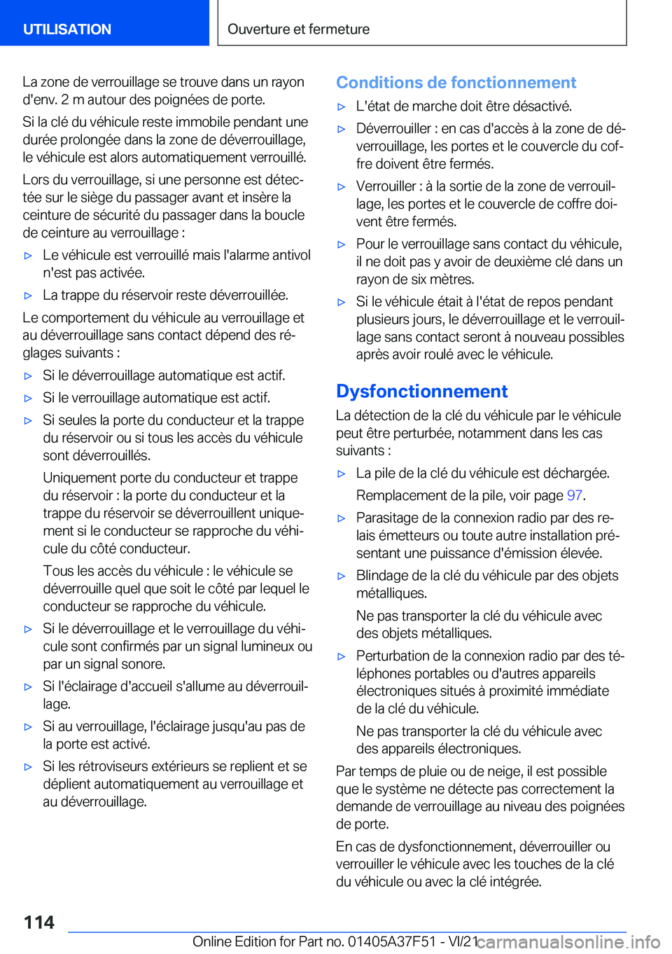 BMW M3 2022  Notices Demploi (in French) �L�a��z�o�n�e��d�e��v�e�r�r�o�u�i�l�l�a�g�e��s�e��t�r�o�u�v�e��d�a�n�s��u�n��r�a�y�o�n
�d�'�e�n�v�.��2��m��a�u�t�o�u�r��d�e�s��p�o�i�g�n�é�e�s��d�e��p�o�r�t�e�.
�S�i��l�a��c�l�é