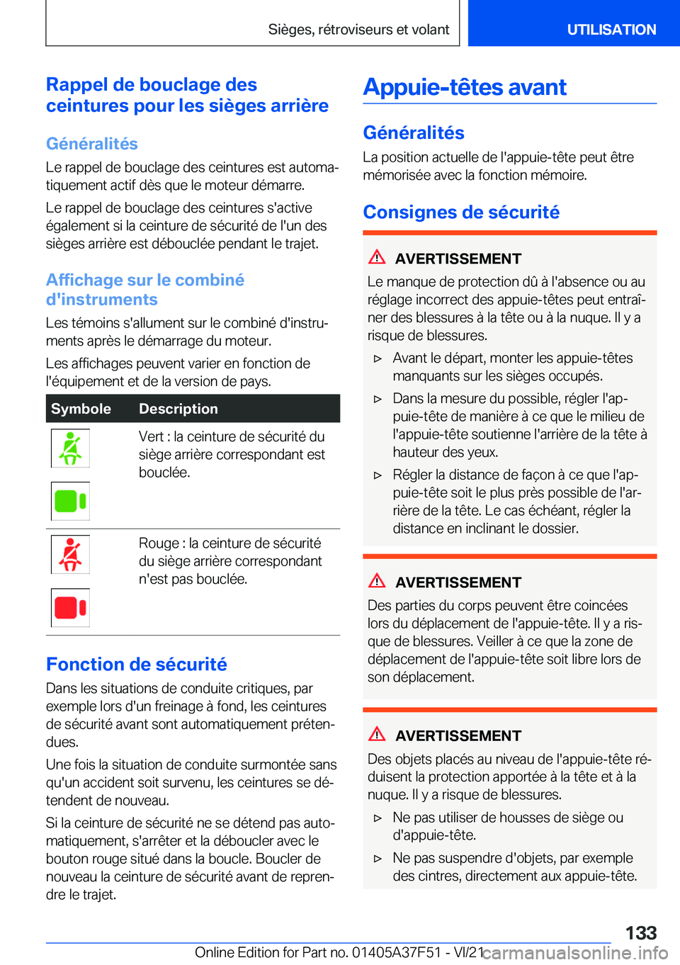 BMW M3 2022  Notices Demploi (in French) �R�a�p�p�e�l��d�e��b�o�u�c�l�a�g�e��d�e�s
�c�e�i�n�t�u�r�e�s��p�o�u�r��l�e�s��s�i�è�g�e�s��a�r�r�i�è�r�e
�G�é�n�é�r�a�l�i�t�é�s
�L�e��r�a�p�p�e�l��d�e��b�o�u�c�l�a�g�e��d�e�s��c�e�i�n