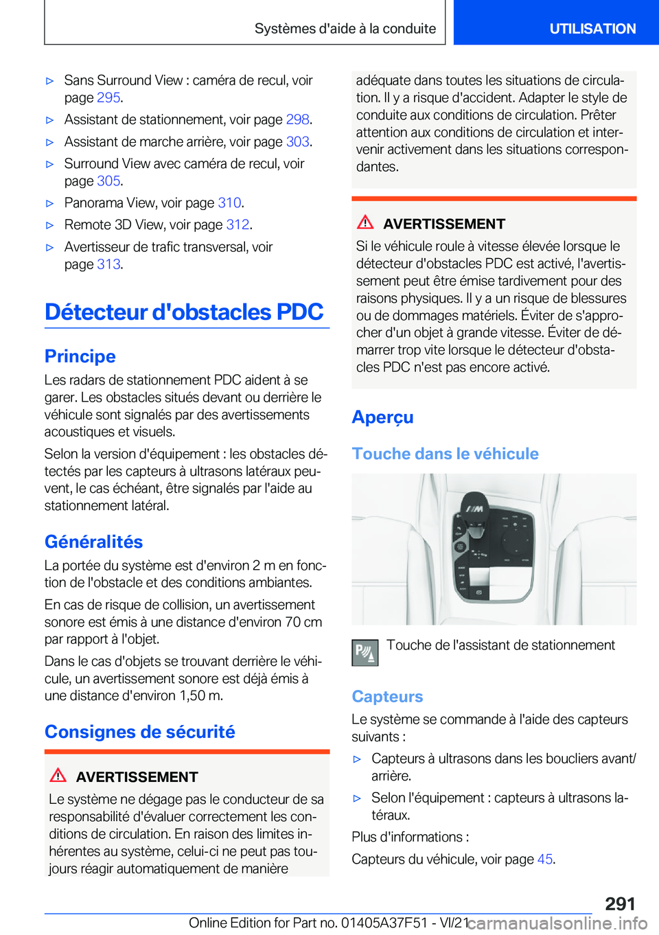 BMW M3 2022  Notices Demploi (in French) 'x�S�a�n�s��S�u�r�r�o�u�n�d��V�i�e�w��:��c�a�m�é�r�a��d�e��r�e�c�u�l�,��v�o�i�r
�p�a�g�e� �2�9�5�.'x�A�s�s�i�s�t�a�n�t��d�e��s�t�a�t�i�o�n�n�e�m�e�n�t�,��v�o�i�r��p�a�g�e� �2�9�8