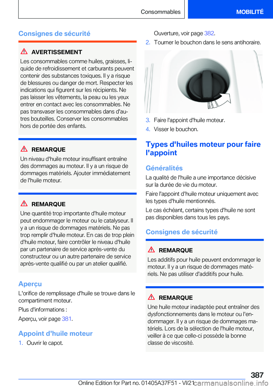 BMW M3 2022  Notices Demploi (in French) �C�o�n�s�i�g�n�e�s��d�e��s�é�c�u�r�i�t�é
�A�V�E�R�T�I�S�S�E�M�E�N�T
�L�e�s��c�o�n�s�o�m�m�a�b�l�e�s��c�o�m�m�e��h�u�i�l�e�s�,��g�r�a�i�s�s�e�s�,��l�ij
�q�u�i�d�e��d�e��r�e�f�r�o�i�d�i�s�s�
