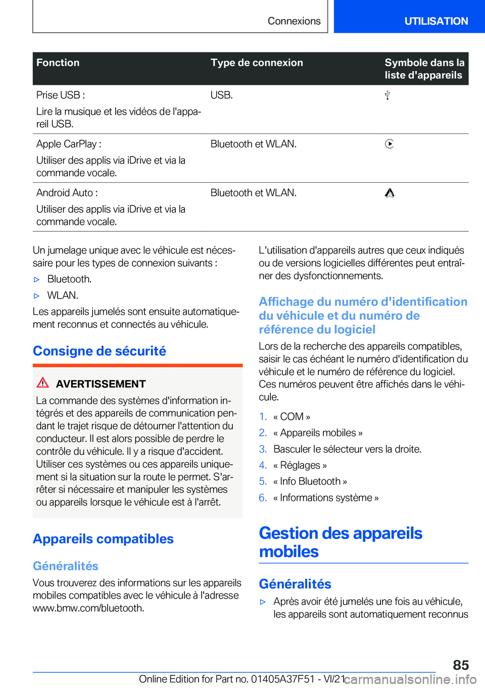 BMW M3 2022  Notices Demploi (in French) �F�o�n�c�t�i�o�n�T�y�p�e��d�e��c�o�n�n�e�x�i�o�n�S�y�m�b�o�l�e��d�a�n�s��l�a
�l�i�s�t�e��d�'�a�p�p�a�r�e�i�l�s�P�r�i�s�e��U�S�B��:
�L�i�r�e��l�a��m�u�s�i�q�u�e��e�t��l�e�s��v�i�d�é�o�