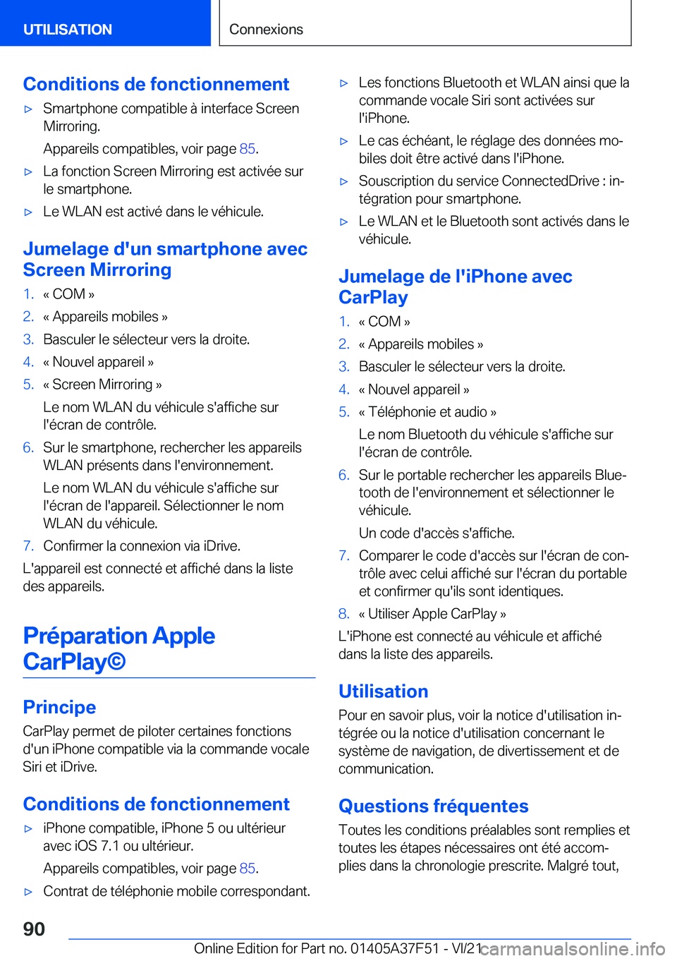 BMW M3 2022  Notices Demploi (in French) �C�o�n�d�i�t�i�o�n�s��d�e��f�o�n�c�t�i�o�n�n�e�m�e�n�t'x�S�m�a�r�t�p�h�o�n�e��c�o�m�p�a�t�i�b�l�e��