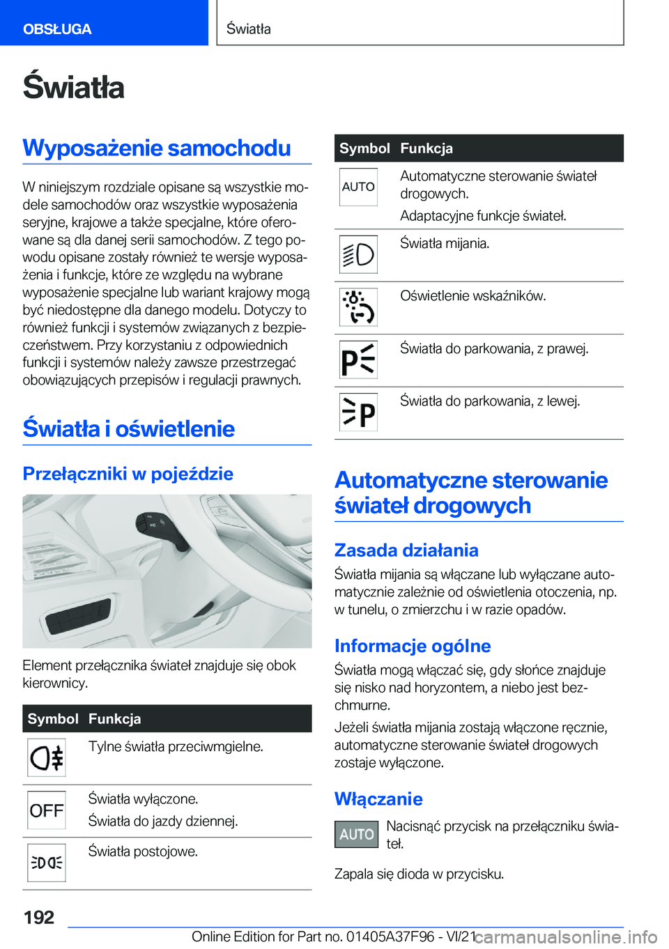 BMW M3 2022  Instrukcja obsługi (in Polish) �w�i�a�t�ł�a�W�y�p�o�s�a9�e�n�i�e��s�a�m�o�c�h�o�d�u
�W��n�i�n�i�e�j�s�z�y�m��r�o�z�d�z�i�a�l�e��o�p�i�s�a�n�e��s�
