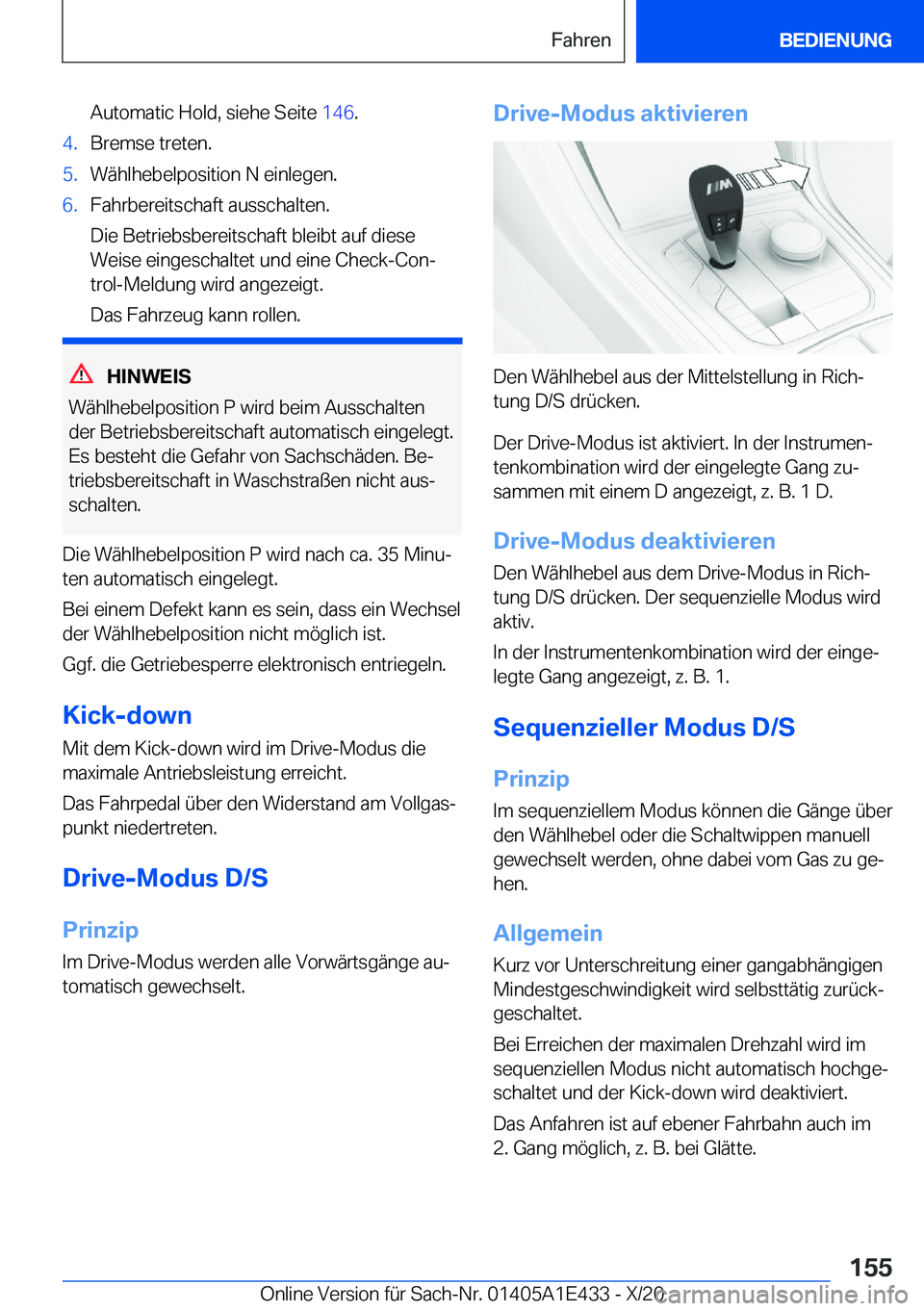 BMW M3 2021  Betriebsanleitungen (in German) �A�u�t�o�m�a�t�i�c��H�o�l�d�,��s�i�e�h�e��S�e�i�t�e��1�4�6�.�4�.�B�r�e�m�s�e��t�r�e�t�e�n�.�5�.�W�