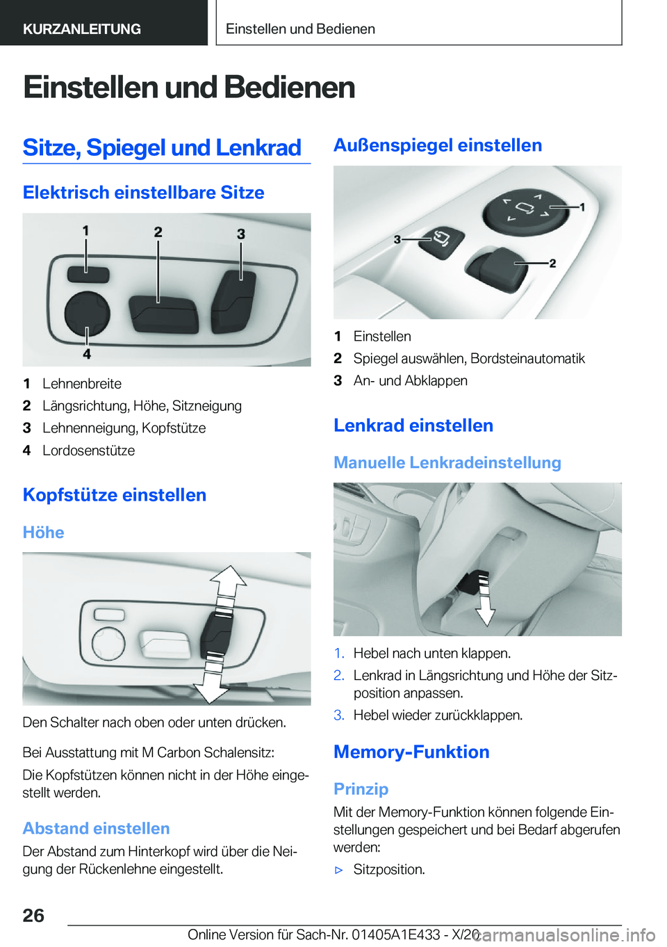 BMW M3 2021  Betriebsanleitungen (in German) �E�i�n�s�t�e�l�l�e�n��u�n�d��B�e�d�i�e�n�e�n�S�i�t�z�e�,��S�p�i�e�g�e�l��u�n�d��L�e�n�k�r�a�d
�E�l�e�k�t�r�i�s�c�h��e�i�n�s�t�e�l�l�b�a�r�e��S�i�t�z�e
�1�L�e�h�n�e�n�b�r�e�i�t�e�2�L�
