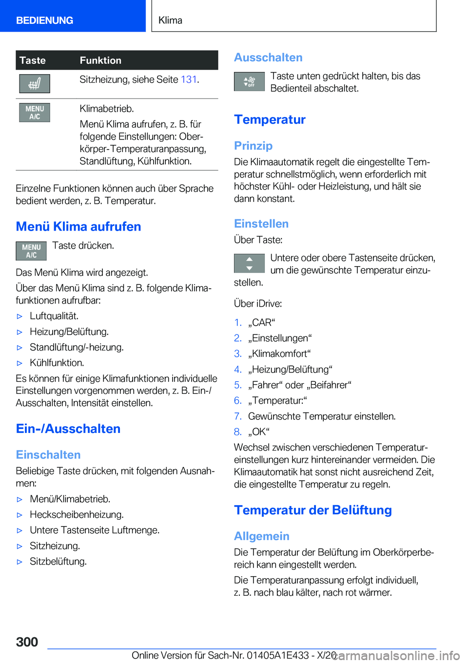 BMW M3 2021  Betriebsanleitungen (in German) �T�a�s�t�e�F�u�n�k�t�i�o�n�S�i�t�z�h�e�i�z�u�n�g�,��s�i�e�h�e��S�e�i�t�e��1�3�1�.�K�l�i�m�a�b�e�t�r�i�e�b�.
�M�e�n�