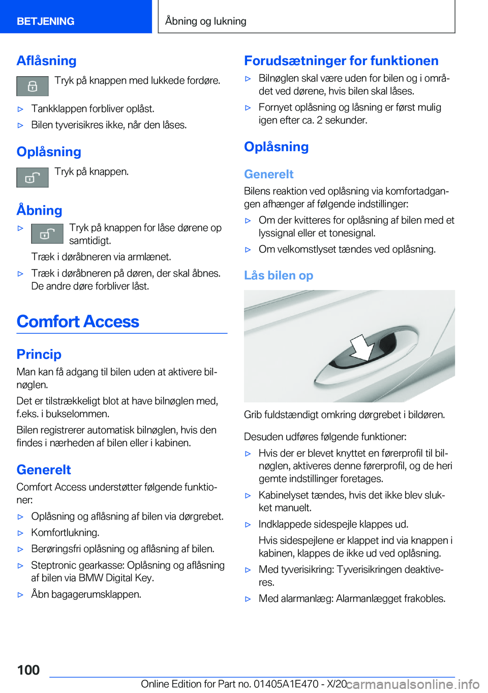 BMW M3 2021  InstruktionsbØger (in Danish) �A�f�l�å�s�n�i�n�g�T�r�y�k��p�å��k�n�a�p�p�e�n��m�e�d��l�u�k�k�e�d�e��f�o�r�d�
