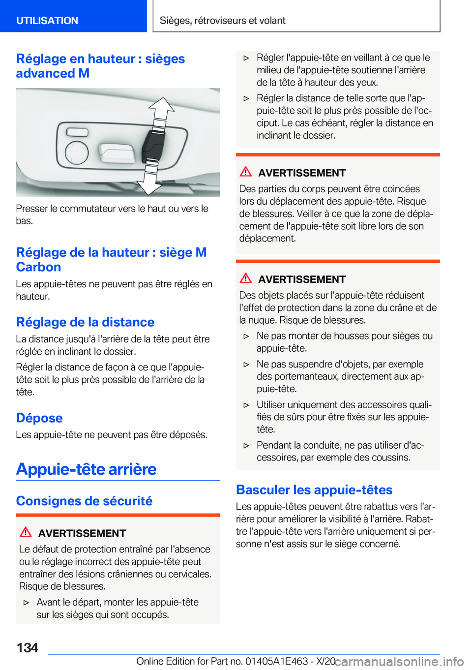 BMW M3 2021  Notices Demploi (in French) �R�é�g�l�a�g�e��e�n��h�a�u�t�e�u�r��:��s�i�è�g�e�s
�a�d�v�a�n�c�e�d��M
�P�r�e�s�s�e�r��l�e��c�o�m�m�u�t�a�t�e�u�r��v�e�r�s��l�e��h�a�u�t��o�u��v�e�r�s��l�e
�b�a�s�.
�R�é�g�l�a�g�e��d�