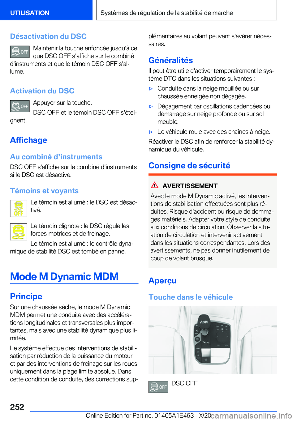 BMW M3 2021  Notices Demploi (in French) �D�é�s�a�c�t�i�v�a�t�i�o�n��d�u��D�S�C�M�a�i�n�t�e�n�i�r��l�a��t�o�u�c�h�e��e�n�f�o�n�c�é�e��j�u�s�q�u�'�
