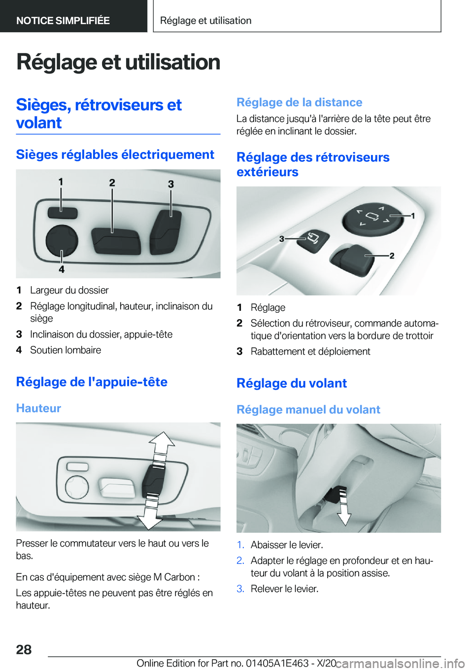 BMW M3 2021  Notices Demploi (in French) �R�é�g�l�a�g�e��e�t��u�t�i�l�i�s�a�t�i�o�n�S�i�è�g�e�s�,��r�é�t�r�o�v�i�s�e�u�r�s��e�t�v�o�l�a�n�t
�S�i�è�g�e�s��r�é�g�l�a�b�l�e�s��é�l�e�c�t�r�i�q�u�e�m�e�n�t
�1�L�a�r�g�e�u�r��d�u��d�o