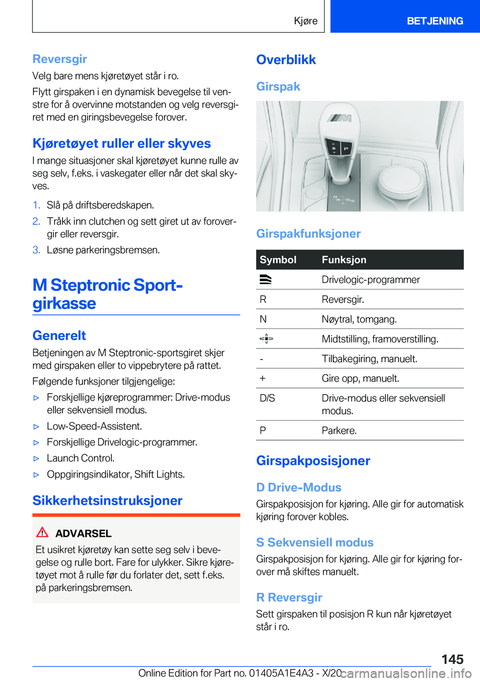 BMW M3 2021  InstruksjonsbØker (in Norwegian) �R�e�v�e�r�s�g�i�r�V�e�l�g��b�a�r�e��m�e�n�s��k�j�