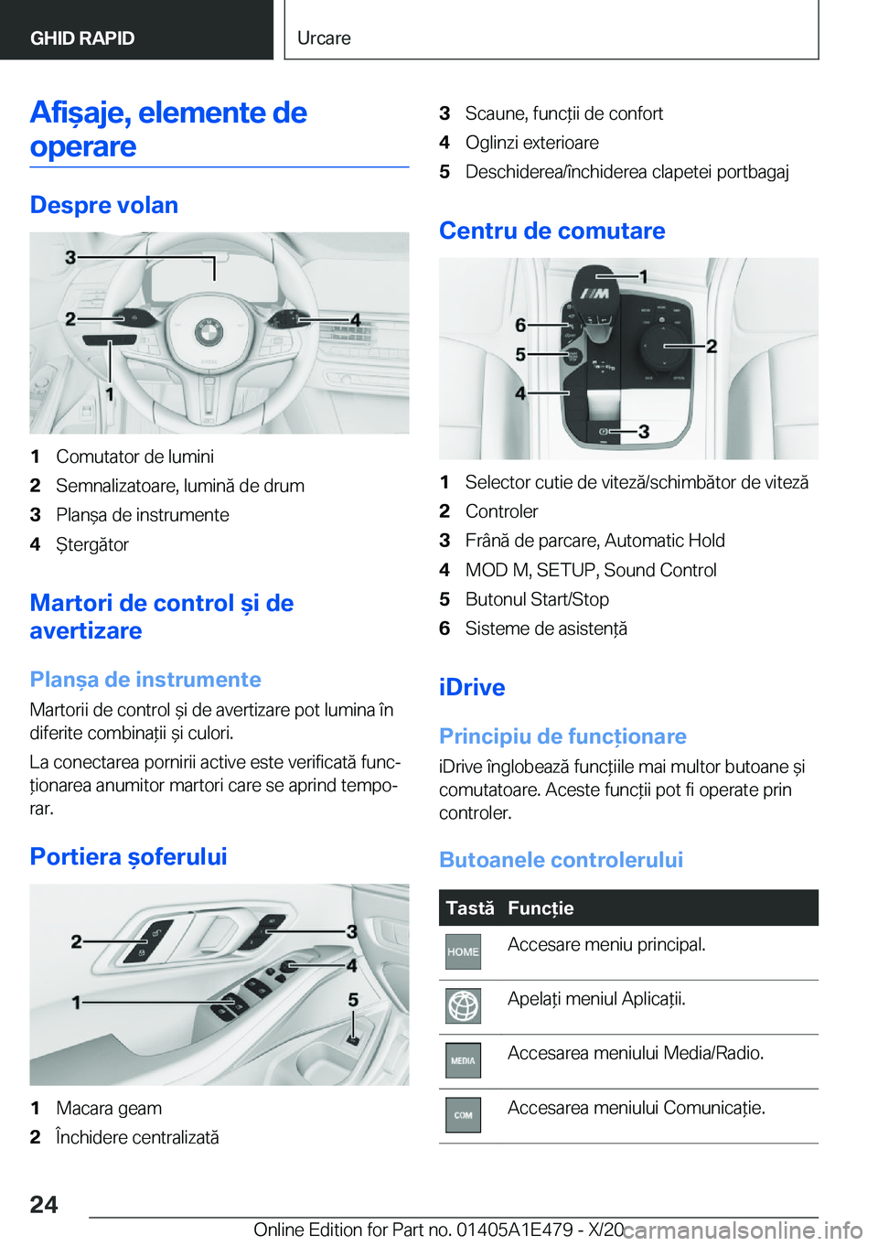 BMW M3 2021  Ghiduri De Utilizare (in Romanian) �A�f�i&�a�j�e�,��e�l�e�m�e�n�t�e��d�e�o�p�e�r�a�r�e
�D�e�s�p�r�e��v�o�l�a�n
�1�C�o�m�u�t�a�t�o�r��d�e��l�u�m�i�n�i�2�S�e�m�n�a�l�i�z�a�t�o�a�r�e�,��l�u�m�i�n�ă��d�e��d�r�u�m�3�P�l�a�n&�a��