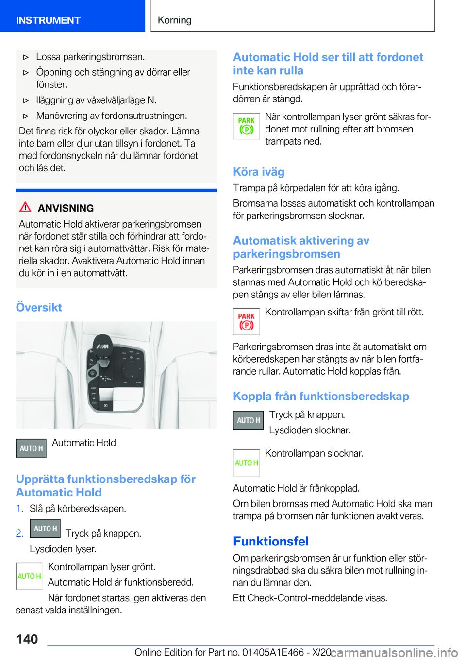BMW M3 2021  InstruktionsbÖcker (in Swedish) 'x�L�o�s�s�a��p�a�r�k�e�r�i�n�g�s�b�r�o�m�s�e�n�.'x�