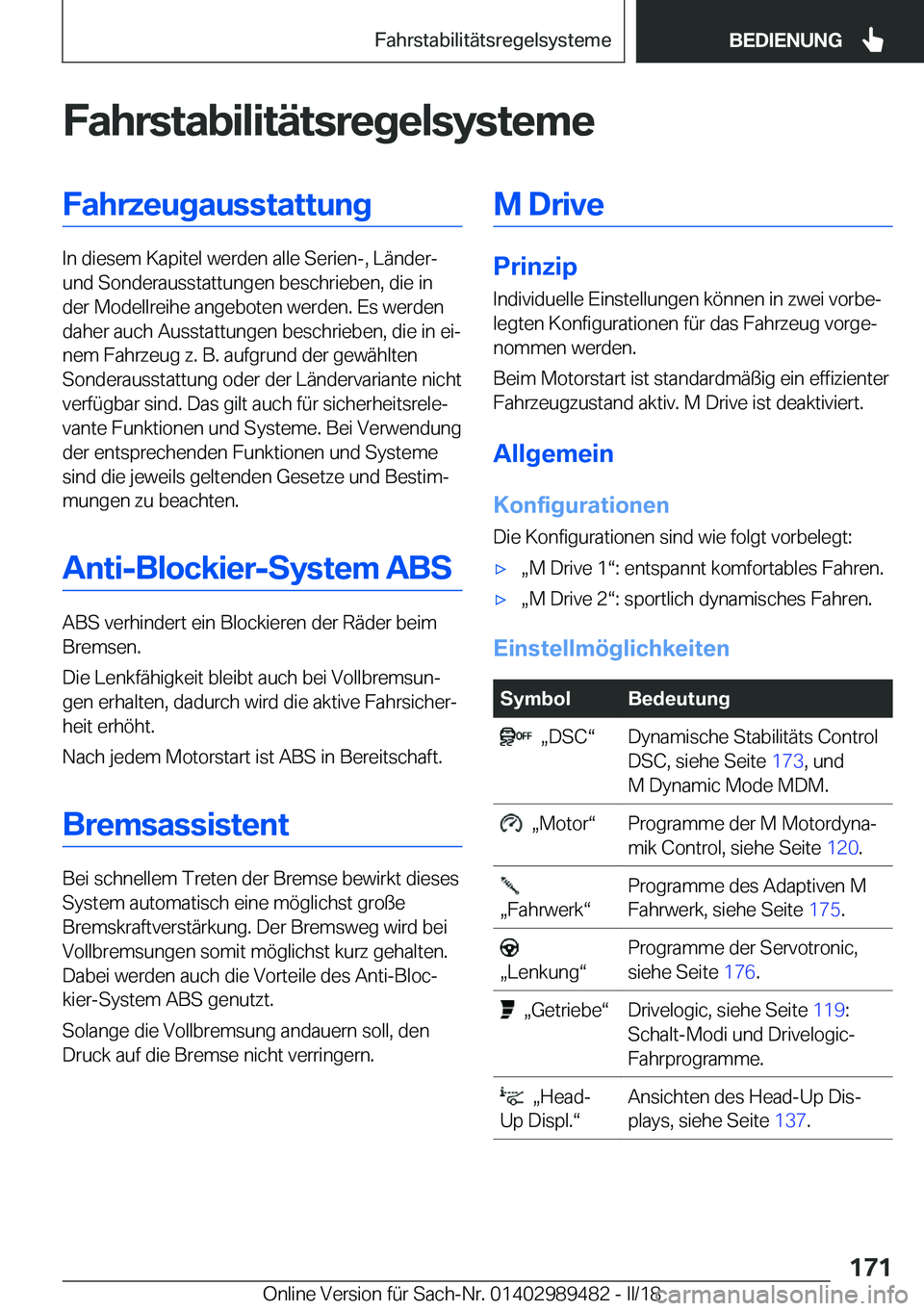 BMW M3 2018  Betriebsanleitungen (in German) �F�a�h�r�s�t�a�b�i�l�i�t�